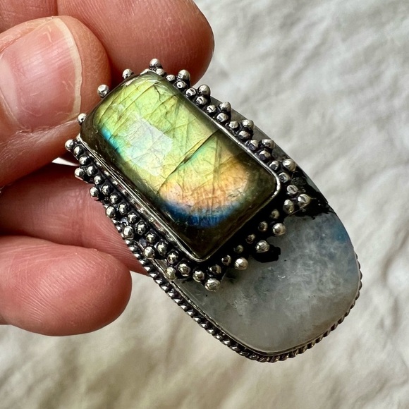 925 SUNSET Flash! Layered Labradorite on Moonstone w/ Black Tourmaline! necklace - Picture 7 of 10